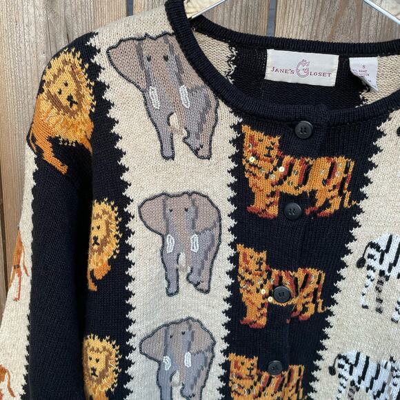Vintage Jane's Closet Cardigan Animals Safari Retro Button Front Knit Size Small - Picture 5 of 11